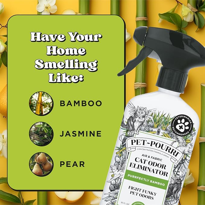 Pet-Pourri Smell Ya Litter Cat Litter Deodorizer Spray, Purrfectly Bamboo 3.4 Fl Oz, Up to 170 Uses, Pet Odor Remover with Essential Oils for Air, Carpet, Urine, Vet Recommended, Bergamot Bamboo Scent