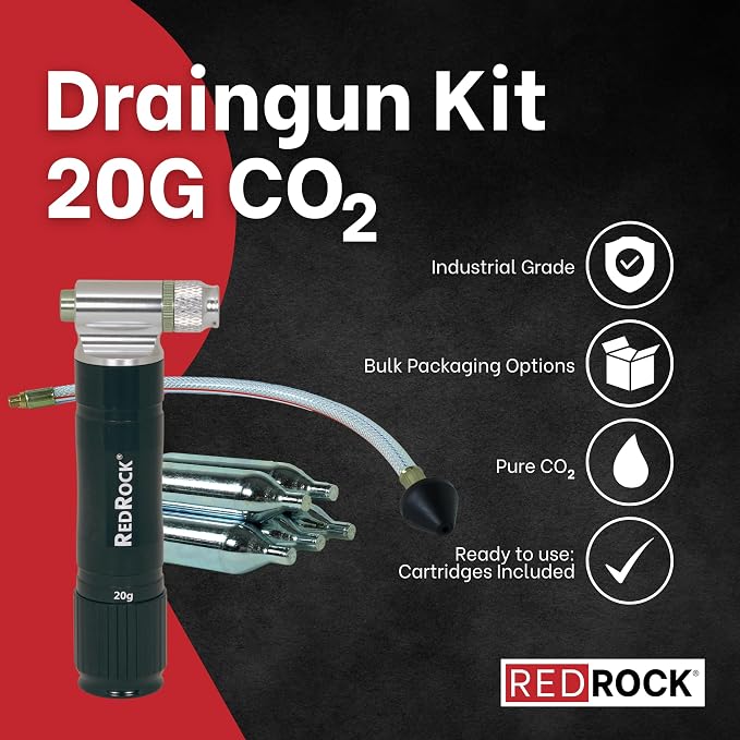 RedRock Gallo Drain Gun AC Drain Line Cleaner Tool, HVAC Air Conditioner Condensate Blaster Cleaning Kit with Flexible Hose Pipe, Includes 5 Unthreaded CO2 Cartridges, 20 Grams