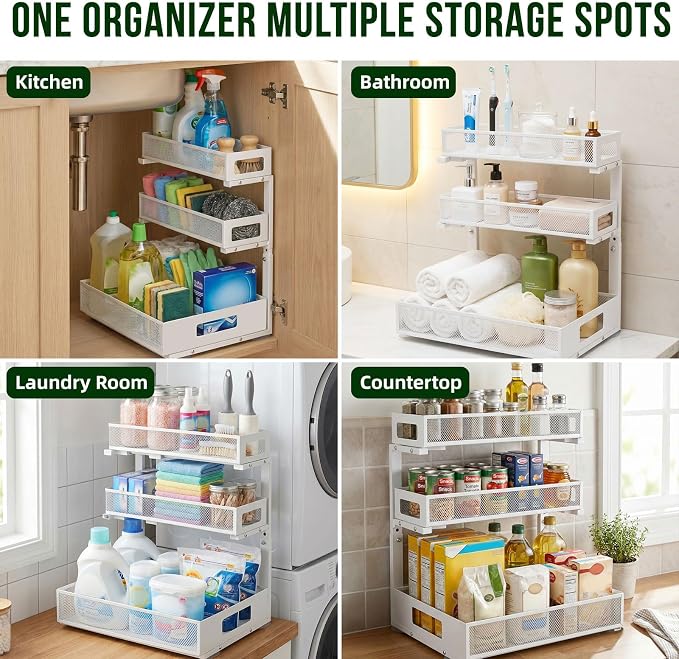 3 Tier Under Sink Organizer,1 Pack Pull Out Cabinet Shelves with Adjustable Height,Heavy Duty Carbon Steel L-Shaped Storage for Kitchen Bathroom Sink,Pantry & Laundry,White