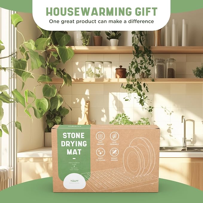 NIUM Stone Drying Mat for Kitchen Counter & Bamboo Rack - 16″x12″ | Diatomaceous Earth Dish drying mat Ultra Absorbent & Fast Drying - EcoFriendly with Non-Slip Pads & Anti-Moisture Design