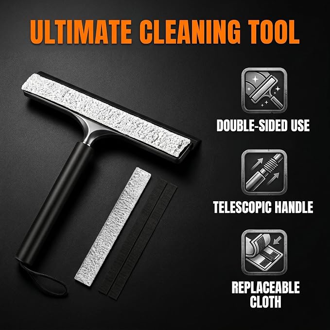 Telescopic 2-in-1 Window Squeegee with Scrubbing Pad | Works on shower glass, tile walls, floors, mirrors & windows; long extendable handle cleans high areas, easy storage