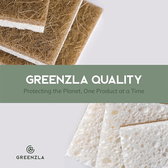 GREENZLA 12 Pack Kitchen Sponges | Non-Scratch Hemp & Sisal | Dual-sided: scrubbing + absorbent cellulose | Odor-resistant | Biodegradable | Dishes, sinks & bathtubs