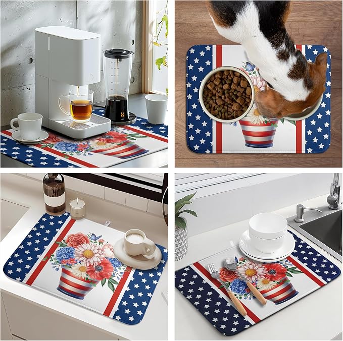 Patriotic Floral Summer Dish Drying Mats 4th of July Butterfly Flowers Dish Mat Kitchen Large Drying Matt Dishes Dryer Pad for Kitchen Counter Absorbent Microfiber Washable Foldable Reusable 18x24 in