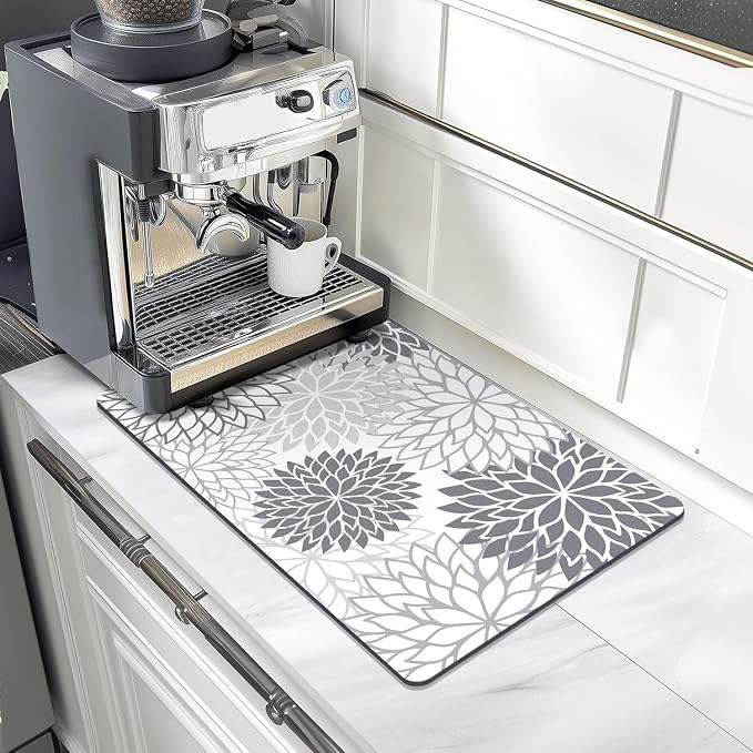 Findosom 2PCS 12" x 20" Dish Drying Mat & 24" x 5.5" Sink Splash Guard, Super Absorbent & Cuttable Dish Mat Drying Kitchen Mat with Gray Floral, Hide Stain Drying Mat for Kitchen Counter