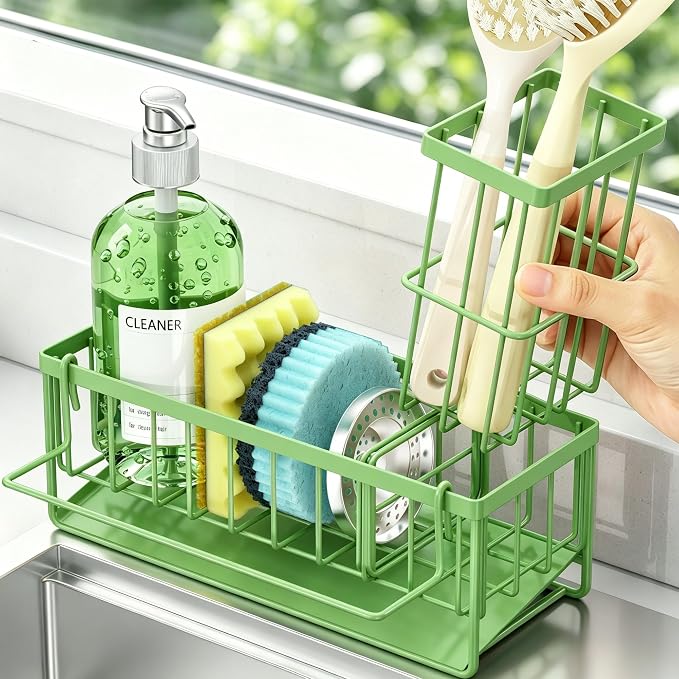 Sponge Holder for Kitchen Sink, Kitchen Sink Caddy, Kitchen Sink Sponge Holder, Dish Sponge Holder, Kitchen Sink Organizer for Sponge, Dish Brush, Scrubber(9.65" x 3.74" x 6.3", Avocado)