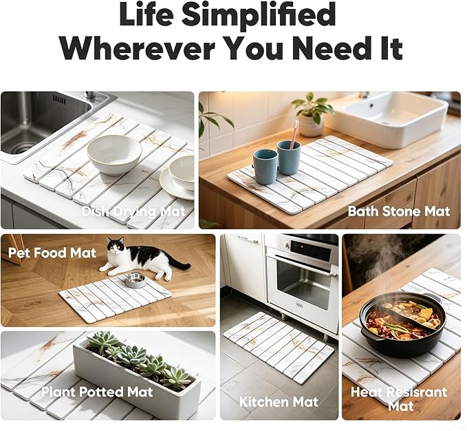 Stone Drying Mat for Kitchen Counter, Quick Diatomaceous Earth Mats for Dishes, 24"L x 16" W Super Absorbent Fast-Drying Collapsible Countertop Stone Mat (Marble White-05, 24" x 16")