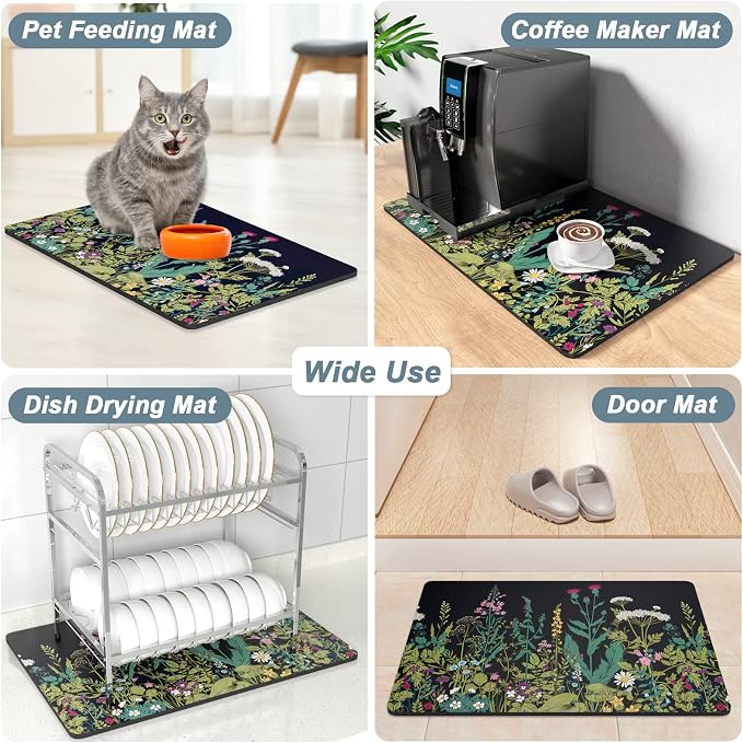 Rnivvi Coffee Mat, 16" x 24" Cute Flower Theme Coffee Bar Mats for Espresso Machine Station Accessories and Organizer, Hide Stain Rubber Backed Absorbent Dish Drying Pad for Kitchen Counter, Black