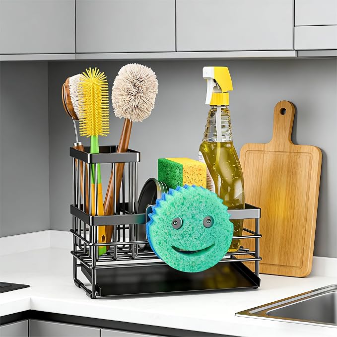 Cisily Sink Caddy Sponge Holder for Kitchen with Brush Holder and Stainless Steel Self Drain Tray, Rustproof Kitchen Sink Organizer for Sponge, Soap Dispenser Storage Accessories