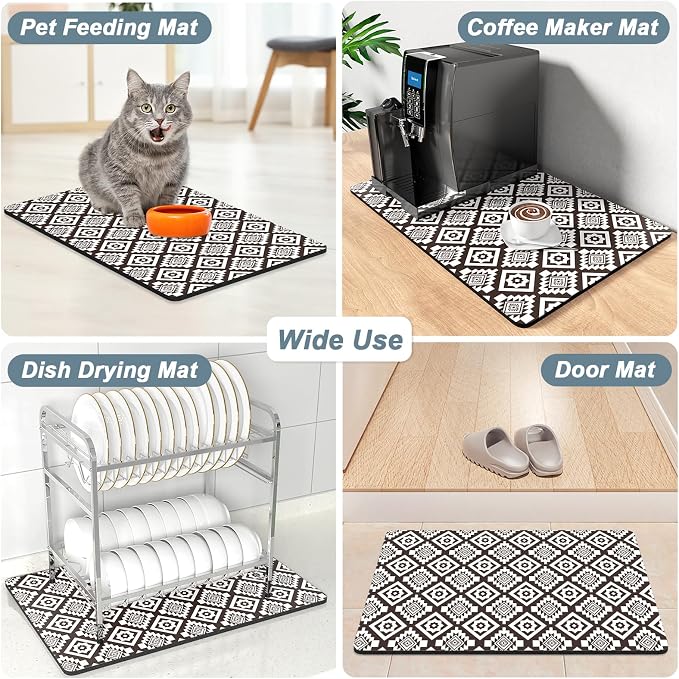 Rnivvi Coffee Mat, 12" x 19" Cute Coffee Bar Mats for Espresso Machine Station Accessories and Organizer, Hide Stain Rubber Backed Absorbent Dish Drying Pad for Kitchen Counter, Modern Abstract Art