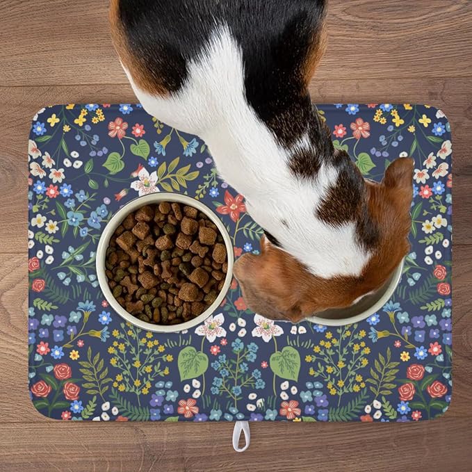 Flower Floral Dish Drying Mat 18x24 inch Microfiber Navy Blue Drying Mats with Hanging Loop Absorbent Green Leaves Dish Drainer Mat Reversible Flowers Drying Pad for Kitchen Counter Sink