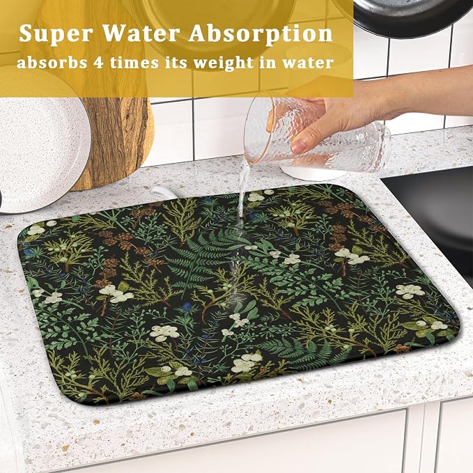 Green Plants Dish Drying Mat for Kitchen Counter Microfiber Absorbent Dish Draining Reusable Washable Foldable 16"x18"