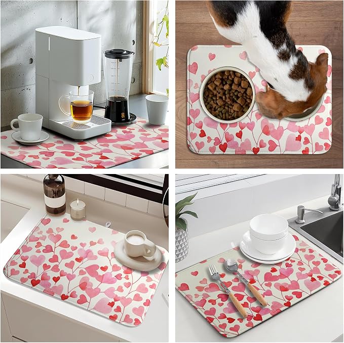 Happy Valentines Day Dish Drying Mat Valentine Drying Matt Kitchen Counter Love Heart Dish Dry Mats 18x24 Inch Large Absorbent Kitchen Decor Under Coffee Maker