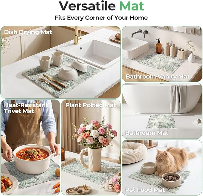 Findosom Stone Dish Drying Mat for Kitchen Counter, 15.7" × 11.8" Foldable Non-Slip Stone Drying Mat with Abstract Pattern, Heat Resistant Diatomaceous Earth Mat for Bath, Dishes, Cups, Green