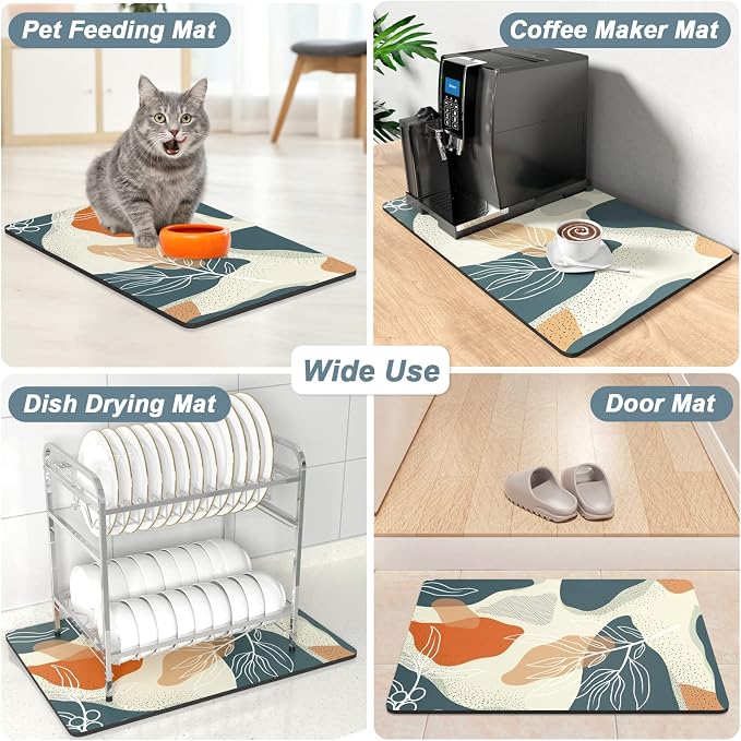 Rnivvi Coffee Mat, 12" x 19" Cute Boho Theme Coffee Bar Mats for Espresso Machine Station Accessories and Organizer, Hide Stain Rubber Backed Absorbent Dish Drying Pad for Kitchen Counter, Leaves