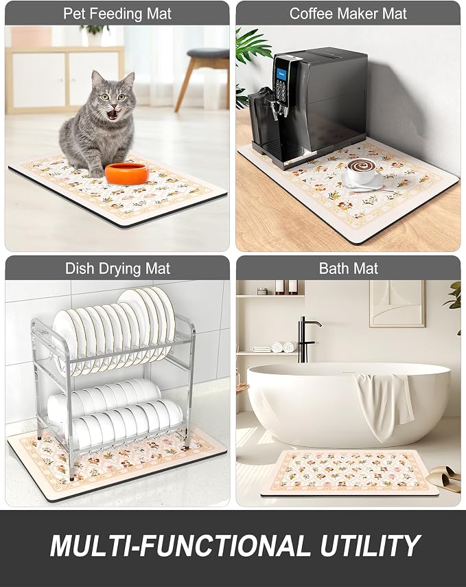 Rnivvi Dish Drying Mat for Kitchen Counter, 12 x 19" Cute Flower Theme Super Absorbent Draining Pad, Non-Slip Heat Resistant Coffee Bar Mat for Coffee Machine Station Accessories, Beige Dish Rack Pad