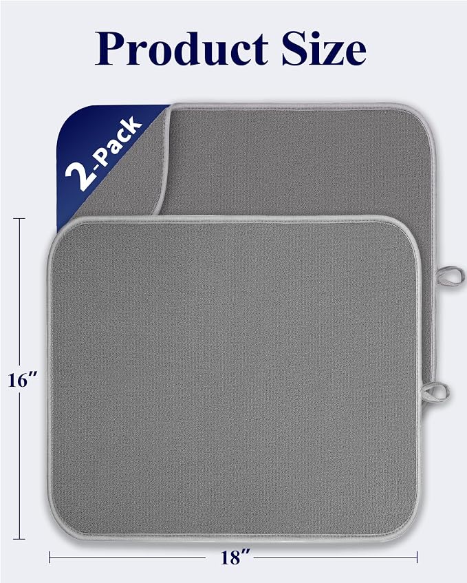 Kitsure Dish Drying Mat - 2-Pack Washable Microfiber Drying Mat for Kitchen Counter, 3-Layer Ultra Absorbent Pad with a Hanging Hook, 18" x 16", Dark Grey