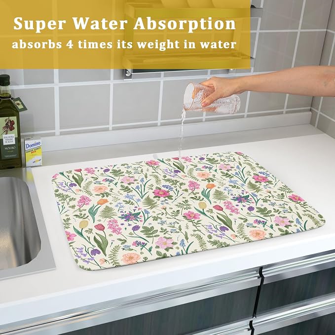 Spring Floral Dish Drying Mat for Kitchen Counter 18x24 Pink Sage Green Flower Vintage Botanical Print Absorbent Reversible Microfiber Drying Mats Kitchen Countertop Protector Dishes Drainer Rack Pad