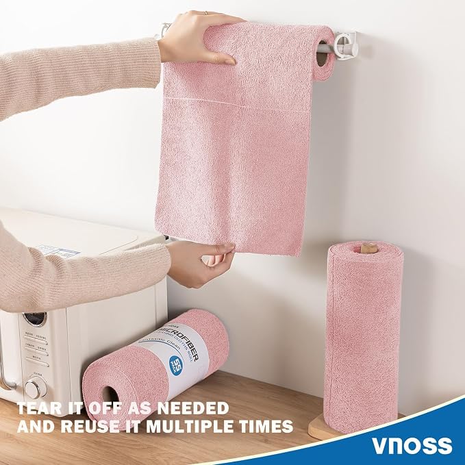 55 Pack Microfiber Cleaning Cloth Roll, Tear Away Reusable Towels, 11" X 9", Ultra Absorbent & Lint Free Cloth for Cars, Kitchen, Window, Home and Shop, Pink
