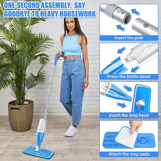 Spray Mop for Hardwood Floors Cleaning: Microfiber Wet Mops Lightweight | 4 Washable Pads for Swiffer PowerMop, Floor Mop Dust Dry Mop, Flat Mop with Sprayer, for Kitchen Tile Wood Laminate Vinyl