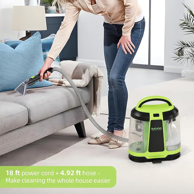 Slevoo 450W Portable Carpet Cleaner Machine with 1 Bottle Cleaning Solutions, Strong Suction Upholstery and Furniture Cleaner for Cleaning Stairs, Car Interiors, for Pet Footprint, Dust, Oil (Green)