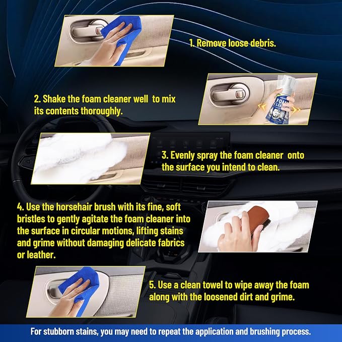 SHIELDOM Car Interior Foam Cleaner Multifunctional Car Seat Cleaner Powerful Carpet Upholstery Stain Remover Kit with Detailing Brush & Towel Safe for Cloth, Leather, Fabric, Vinyl & Plastic 5oz