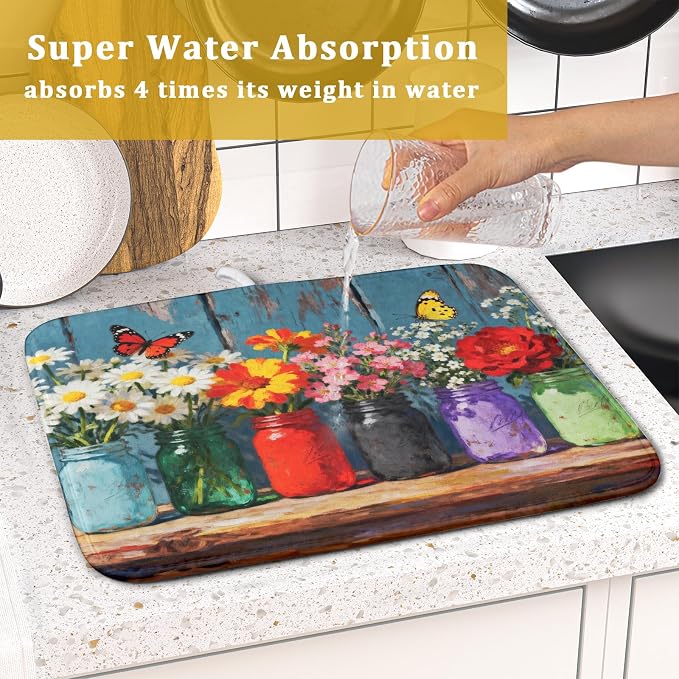Floral Dish Drying Mat Small for Kitchen Counter 16x18, Spring Summer Farmhouse Decorative Absorbent Reversible Microfiber Kitchen Countertop Protector Dishes Drainer Pad