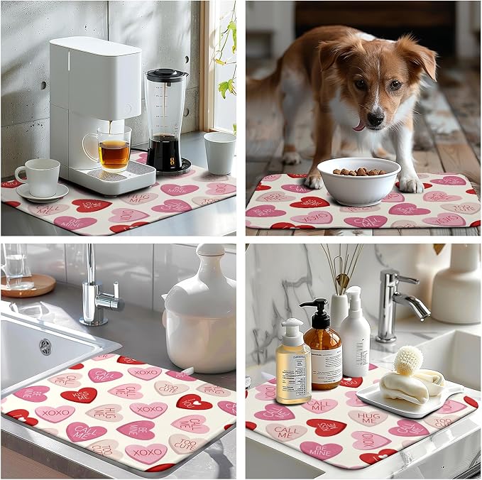 Valentine Love Heart Dish Drying Mat for Kitchen Counter 18x24 Inch Valentines Day Dish Mats Absorbent Microfiber Dish Draining Mat Reversible Dish Drying Rack Mat with Hanging Loop