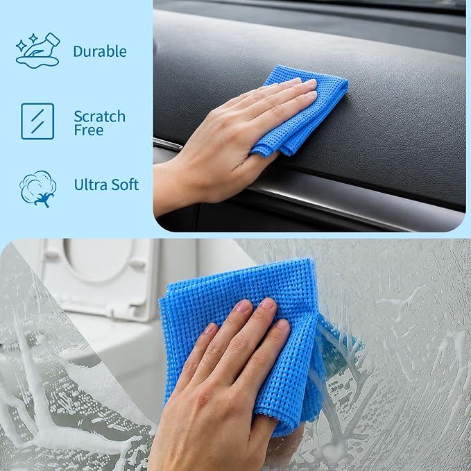 WETQUEEN Upgrade 60 Pack Microfiber Cleaning Cloth Roll - 11.8" x 11.8" Bubbled Reusable Rag for House, Kitchen, Car & Window - Tear Away Dish Rags & Wipe - 1 Roll Replaces 50 Paper Towels - Blue