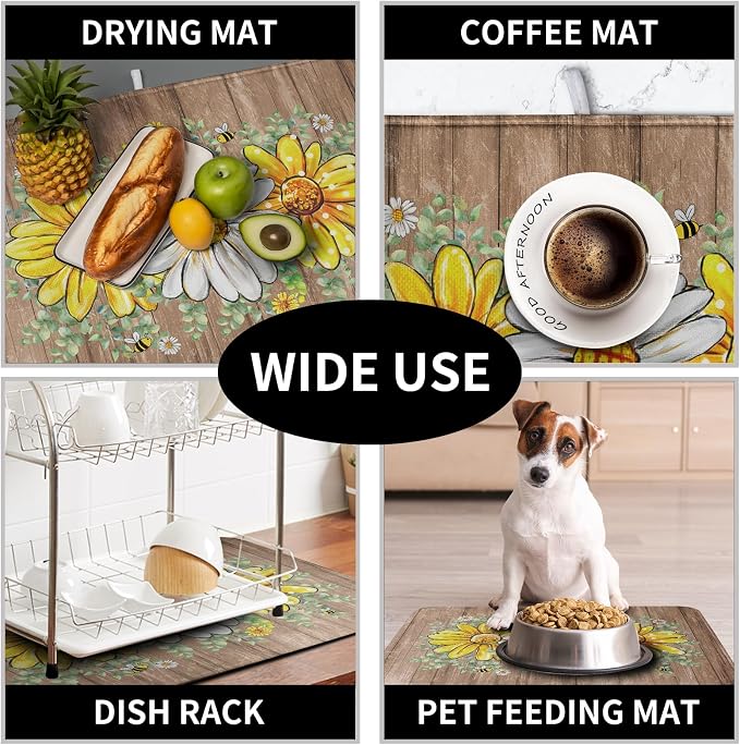 Rustic Daisy Floral Dish Drying Mat for Kitchen Counter Spring Summer Sunflower Dish Drying Mat Bee Absorbent Microfiber Dish Mat Reversible Dish Drainer Rack Mat Large 18x24 Inch