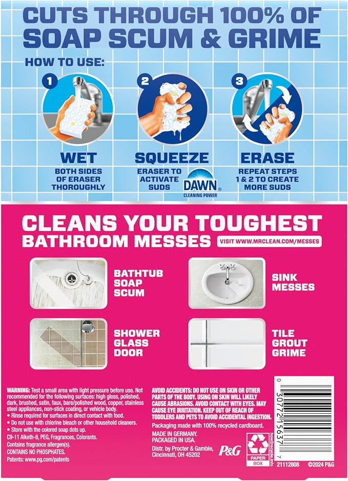 Mr. Clean Magic Eraser Sponge, Bathroom Cleaner, Shower Cleaner, Tub Cleaner, Soap Scum Remover, Bathroom Cleaning Supplies, Dawn Cleaning Power with Lemon Scent, 2 in 1 Bath, 5ct