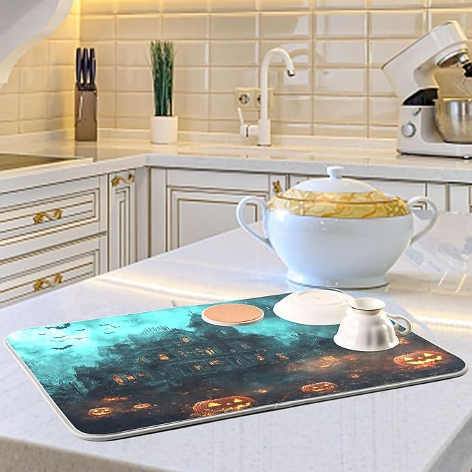 Halloween Castle Dish Drying Mat for Kitchen Countertop 16x18 Spooky Witch Pumpkin Lantern Small Drying Mat Reusable Quick Dry Dish Sink Mats Easy Clean Decorative Essentials