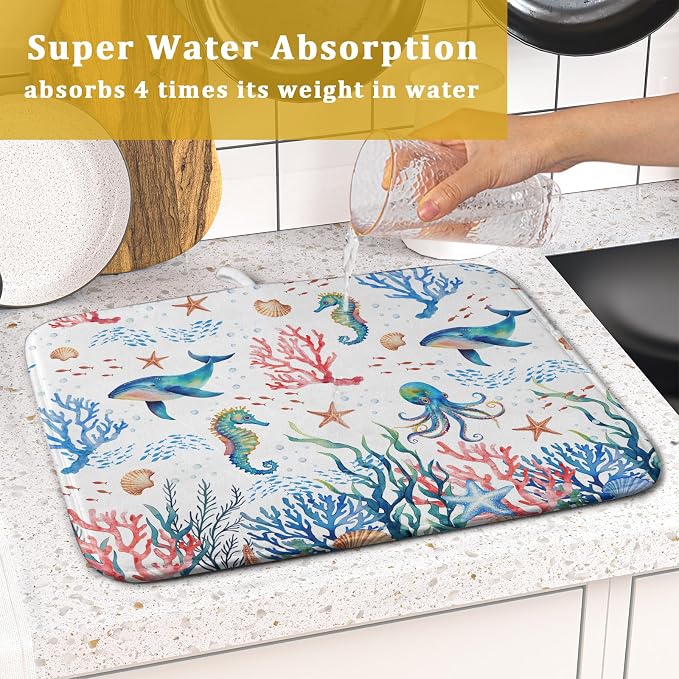 Giwawa Coastal Ocean Dish Drying Mat Seahorse Whales Drainer Rack Mats 16"x18" Absorbent Microfiber Dish Drying Pad Protector for Kitchen Counter