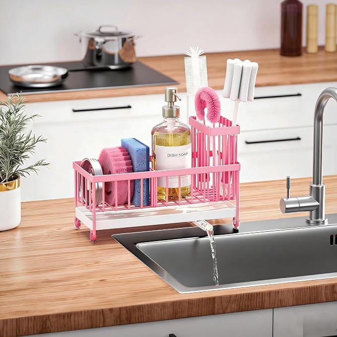 Cisily Sponge Holder for Kitchen Sink, Sink Caddy Organizer with High Brush Holder, Kitchen Countertop Organizers and Storage Essentials, Rustproof 304 Stainless Steel (Pink, 9.25″)