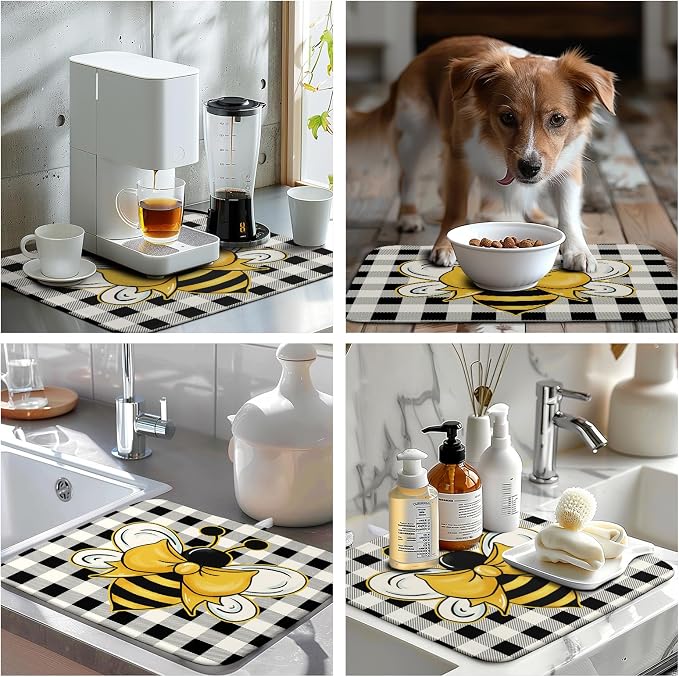 Summer Bumble Bee Drying Mat for Kitchen Counter 16×18 Inch Black White Buffalo Check Honey Bee Print Dish Drying Mats Kitchen Accessories Dish Rack Mat