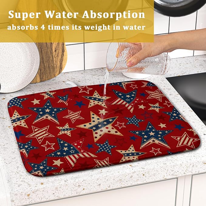 4th of July Dish Drying Mat for Kitchen Counter Patriotic Red Absorbent Dishes Dryer Pad