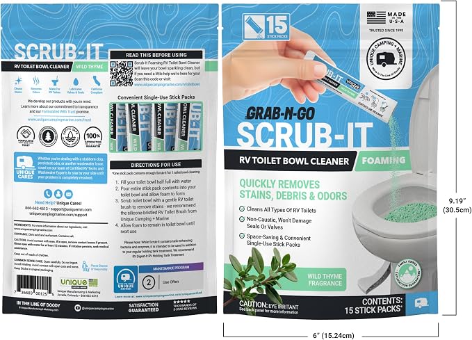 Unique Scrub-It Foaming Powder RV Toilet Cleaner Stick Packs, 15-Count | Premeasured Wild Thyme scent powder cleans RV toilet bowl stains, rings, debris, & odors; adds bacteria after flushing