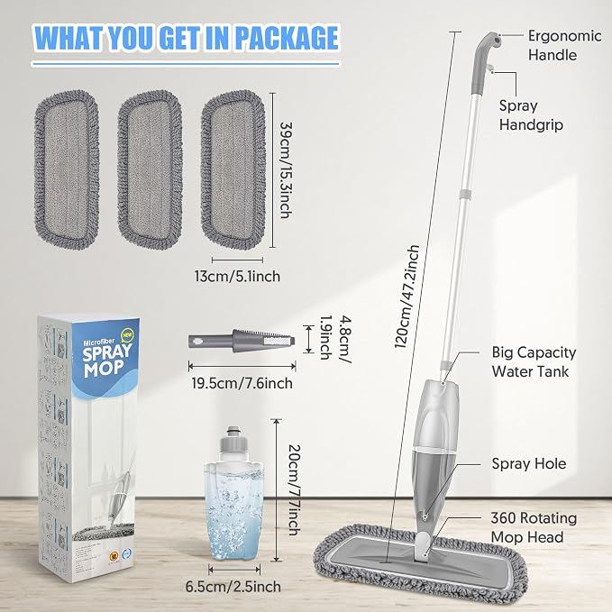 Microfiber Spray Mops Refillable for Floors Cleaning: Wet Mop Floor Mop | Flat Dust Mop Multi-purpose, 3 Washable Reusable Pads for Swiffer Powermop, for Hardwood Laminate Ceramic Tiles Vinyl Wood