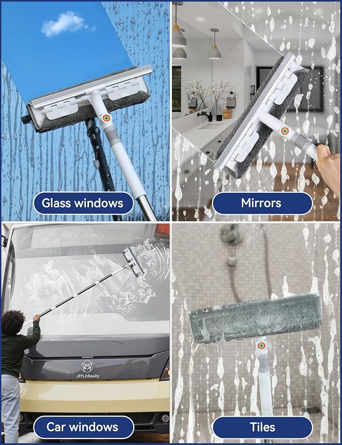 CTIME 80" Professional Window Squeegee Kit with Extension Pole, 5 Cloths | Safe Ladder-Free Reach; Anti-Rust Stainless Steel; 2-in-1 Wash/Dry; Bonus Storage Bag; Durable PP Handle; Streak-Free Finish