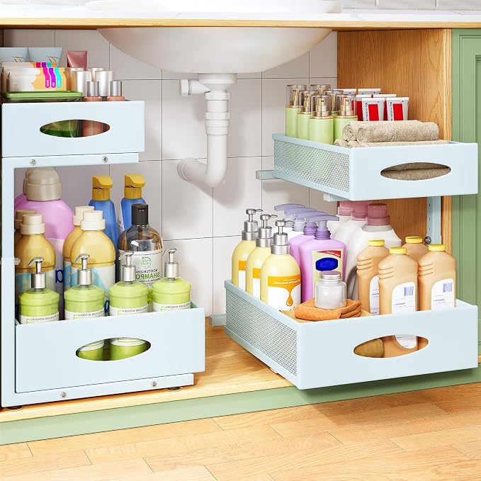 Under Sink Organizer, 2-Pack Pull Out Cabinet Organizer 2 Tier Metal Slide Out Storage Shelf Rack, L-Shaped Adjustable Height,Mesh Sliding Drawer for Kitchen, Bathroom, Laundry, Pantry, Blue, XL