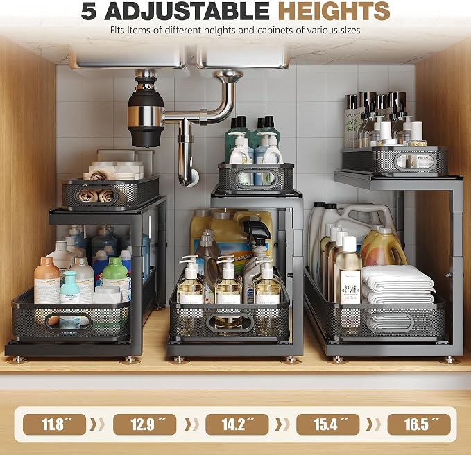 2-Pack 21.3 IN Depth Under Sink Organizer With Next-Gen Ball-Bearing Slides,Sophisticated Mesh 2-Tier Pull Out Shelf for Kitchen & Bathroom,Fits Small Items-Gun Gray