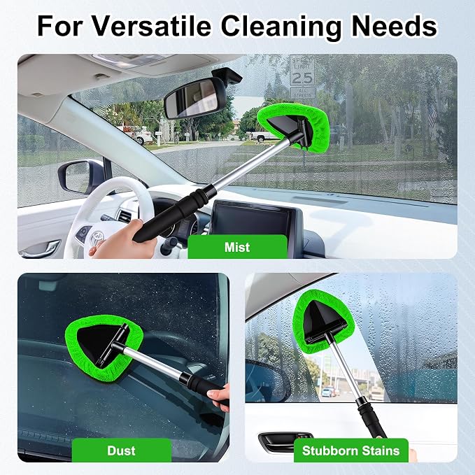 JUSTTOP Windshield Cleaner Tool, Car Interior and Exterior Window Cleaning Kit with Extendable Handle & 4 Reusable Microfiber Pads, Auto Glass Wiper Brush Kit for Car & Home Windows (Green)