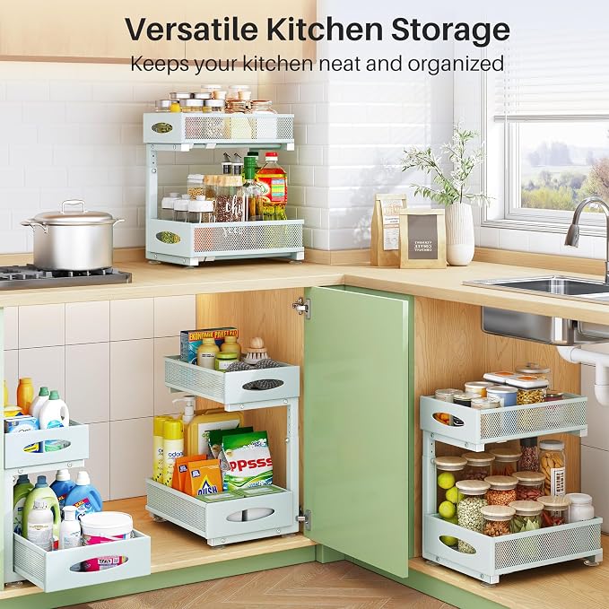 Under Sink Organizer, 2 Tier Pull out Cabinet Organizer Baskets with Mesh Sliding Drawers, Slide out Storage Shelf for Home, Kitchen, Bathroom, Pantry, Office Cabinet(1 Pack, Blue)