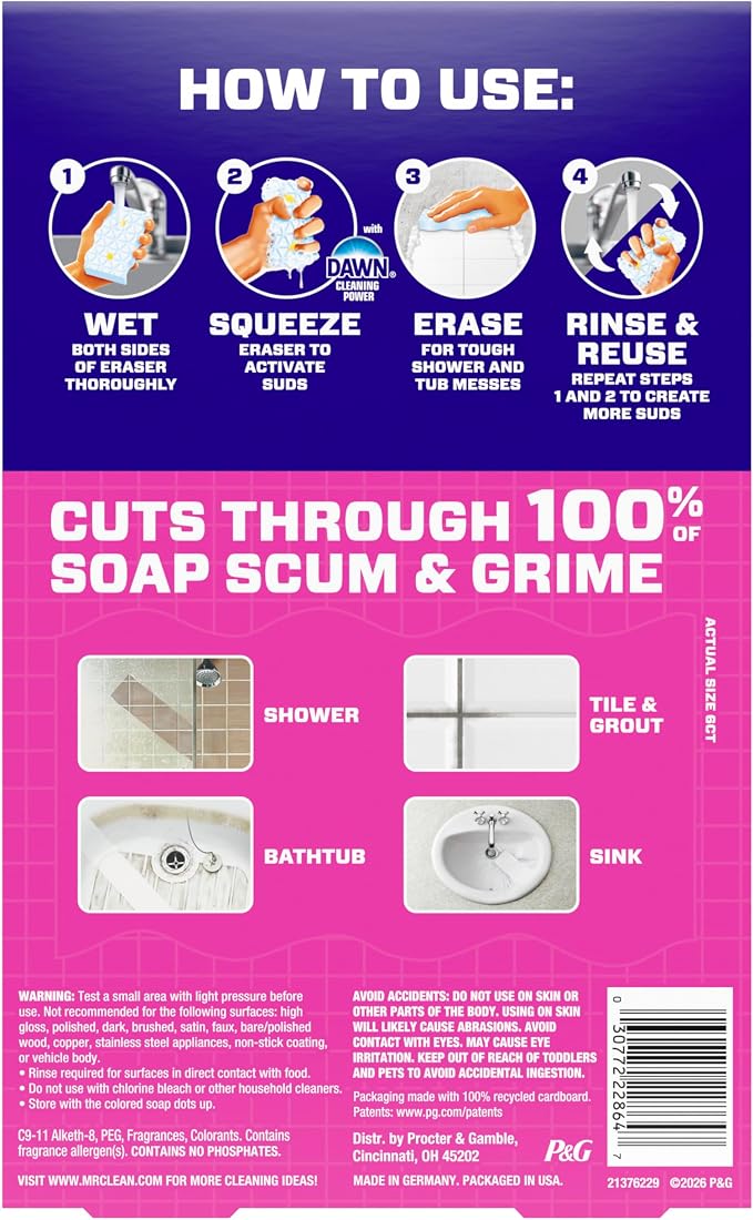 Mr. Clean Magic Eraser Sponge, Bathroom, Shower, Tub Cleaner, Soap Scum Remover, Bathroom Cleaning Supplies, Dawn Cleaning Power with Lemon Scent, Shower & Tub, 6ct