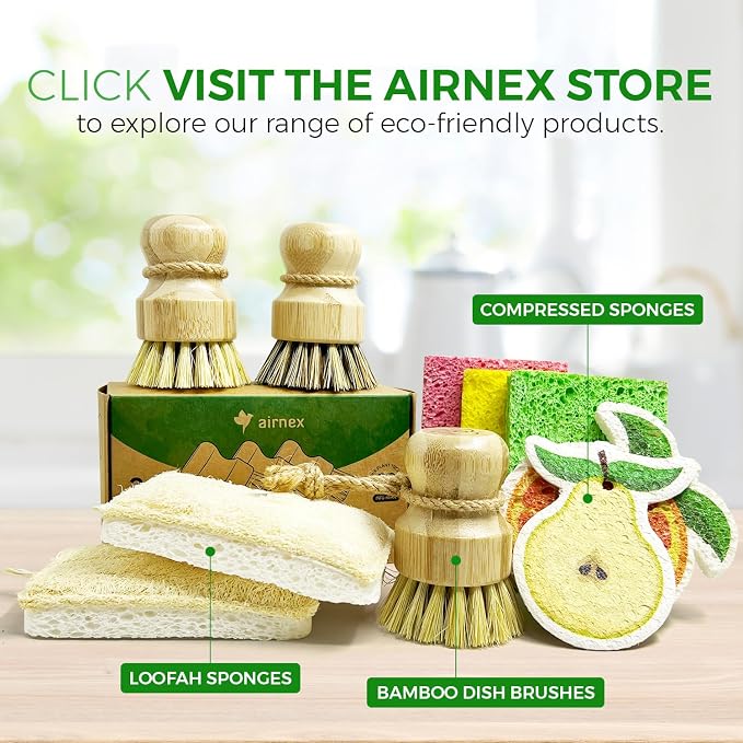 AIRNEX Bamboo Dish Brush Set of 3 - Natural Wooden Dish Scrubber w/Medium Stiff Sisal & Coconut Bristles - Kitchen Scrub Brush for Dishes, Pots & Pans - Plastic Free, Non Scratch Bristles