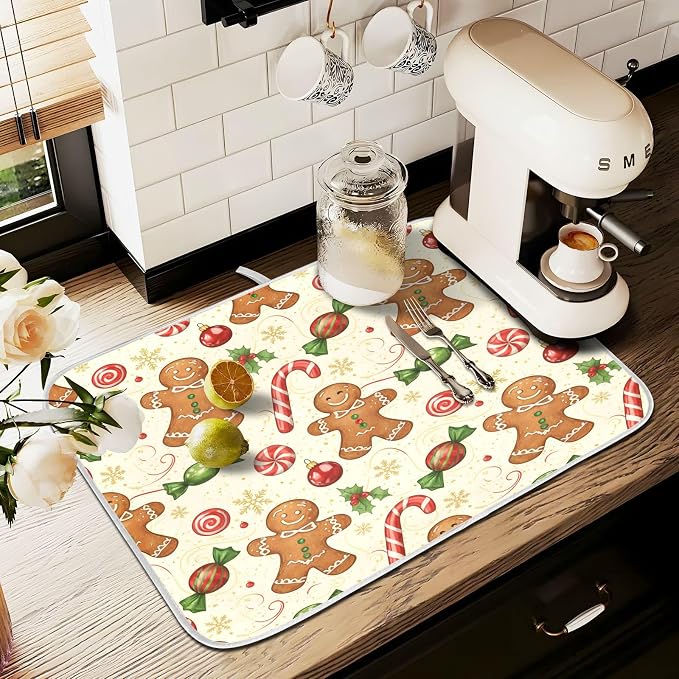 Christmas Gingerbread Cookie Man Sugar Dish Drying Mat for Kitchen Counter Absorbent Microfiber Small Drying Pad Dish Mats for Kitchen Countertops 16 x 18 Inch
