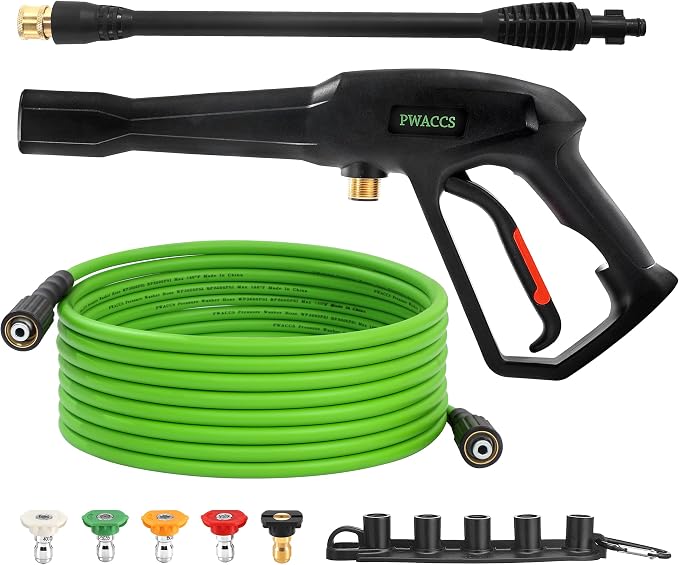 PWACCS Pressure Washer Gun and Hose Kit, 25 FT Power Washer Hose Wand | Replacement Extension Lance Wand, 5 Nozzle Tips with Holder, M22-14 Fitting, Compatible with Ryobi, Green Works & Karcher