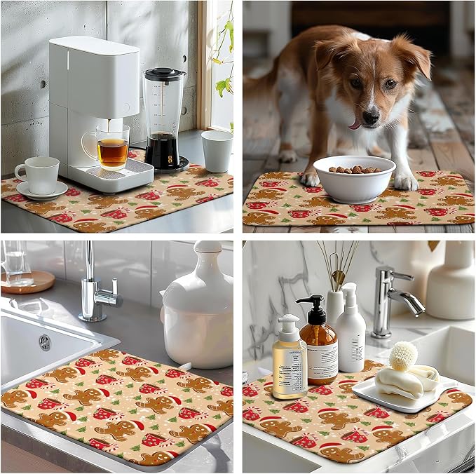 Christmas Gingerbread Man Dish Drying Mat for Kitchen Counter 16x18 Inch Winter Cute Candy Cane Hot Cocoa Xmas Tree Microfiber Drying Mats Orange Super Absorbent Dish Drainer Mats Washable Dish Pad