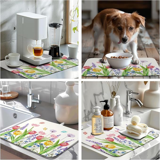 Spring Floral Dish Drying Mat Tulip Lavender Flower Dishes Pad Absorbent Microfiber Dish Draining Mat Washable Medium Dish Drainer Rack Mats for Kitchen Counter 16"x18"