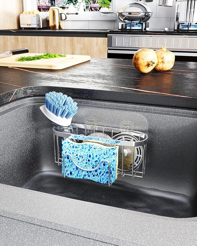HapiRm Kitchen Sponge Holder for Sink - 2 Installation Methods Kitchen Sink Caddy Organizer with Unique M-Shaped, Rustproof Stainless Steel Sponge Caddy - Silver (Large)