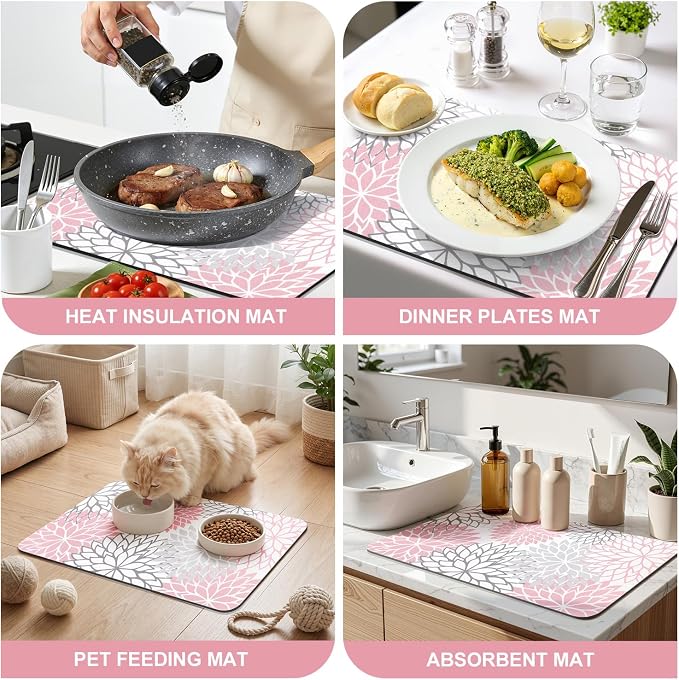 Findosom Dish Drying Mat, 12" x 20" Super Absorbent Dish Mat with Floral, Hide Stain Drying Mat for Kitchen Counter, Under Dish Rack, Coffee Maker, Espresso Machine, Pink